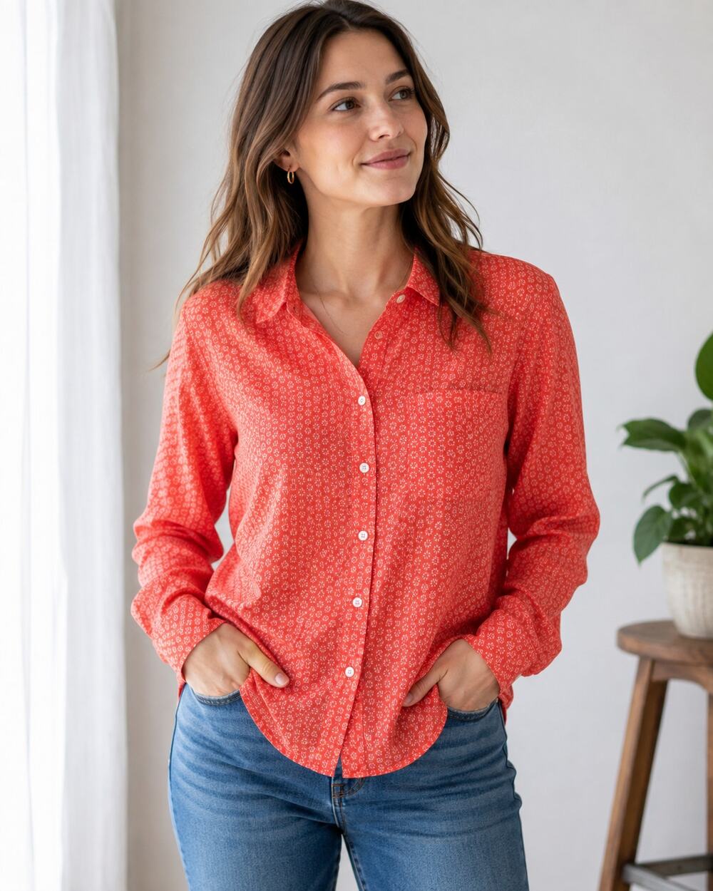 Coral Orange Floral Print Button Up Cotton Shirt M 2013 Retro Layering